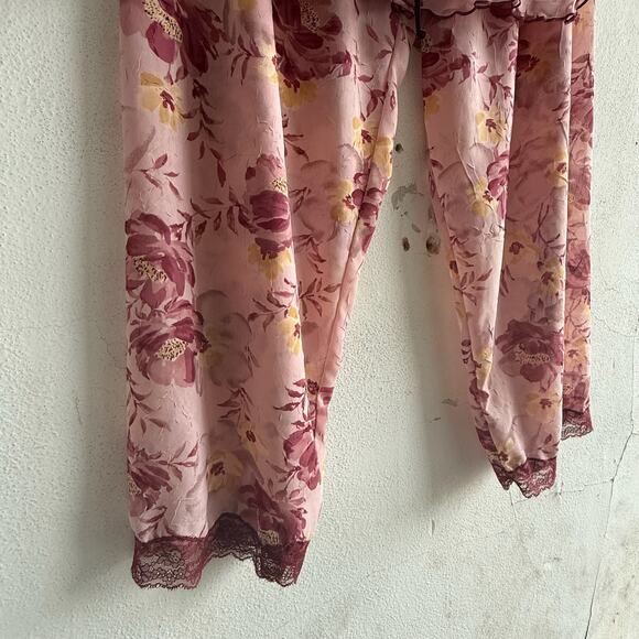 Floral Chiffon Pajama Set Romantic Coquette Loungecore Pink Burgundy Lace XL - Picture 2 of 8